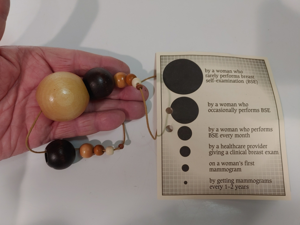 A set of beads and accompanying explanatory document show the sizes of various growths that may be signs of breast cancer.