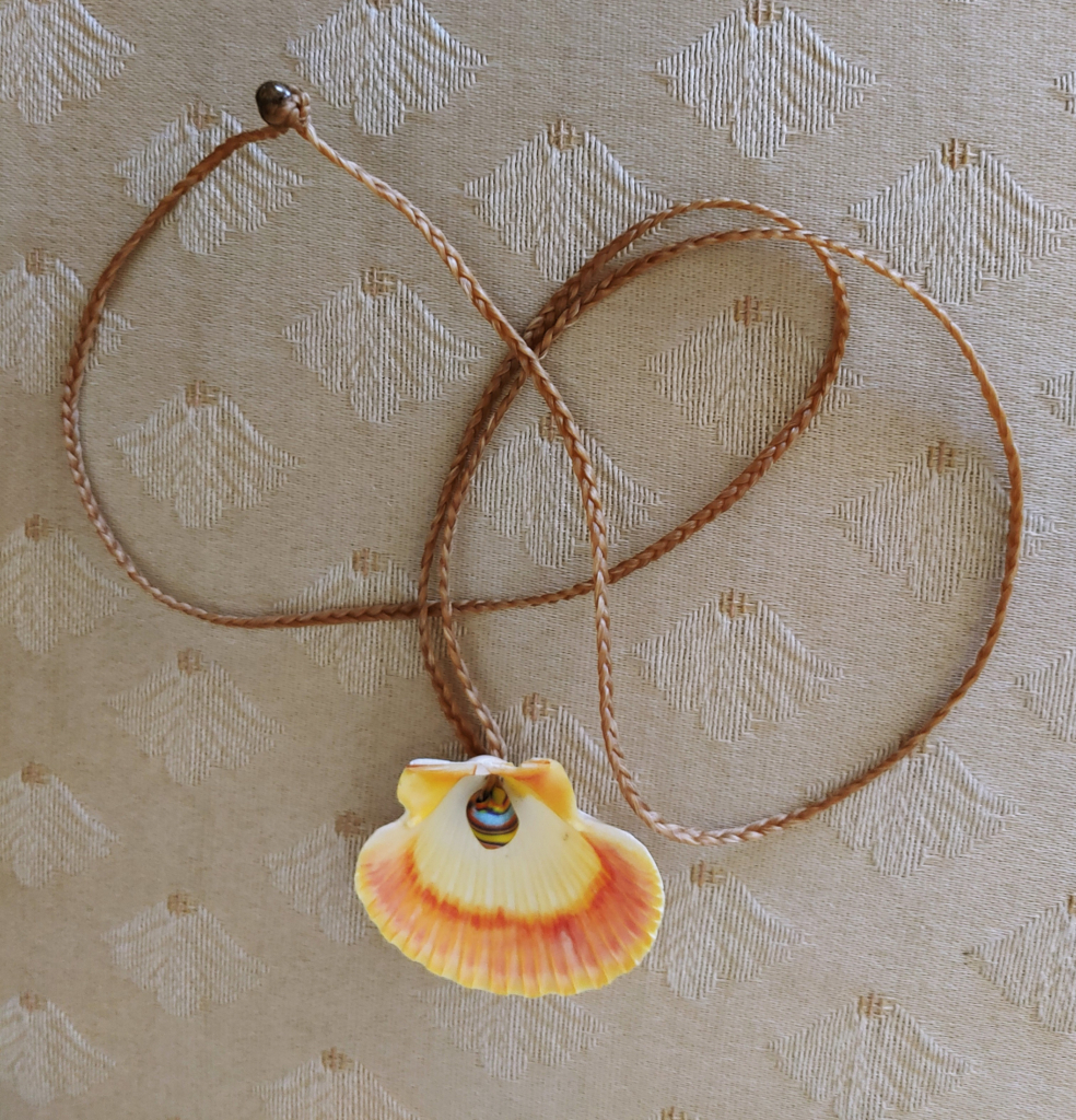 Shell pendant on a braided cord.