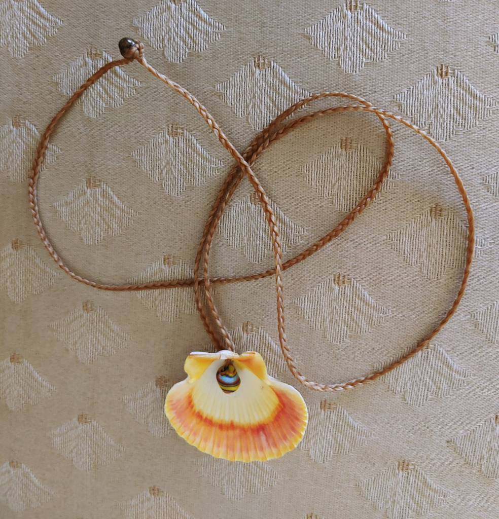 Shell pendant on a braided cord.