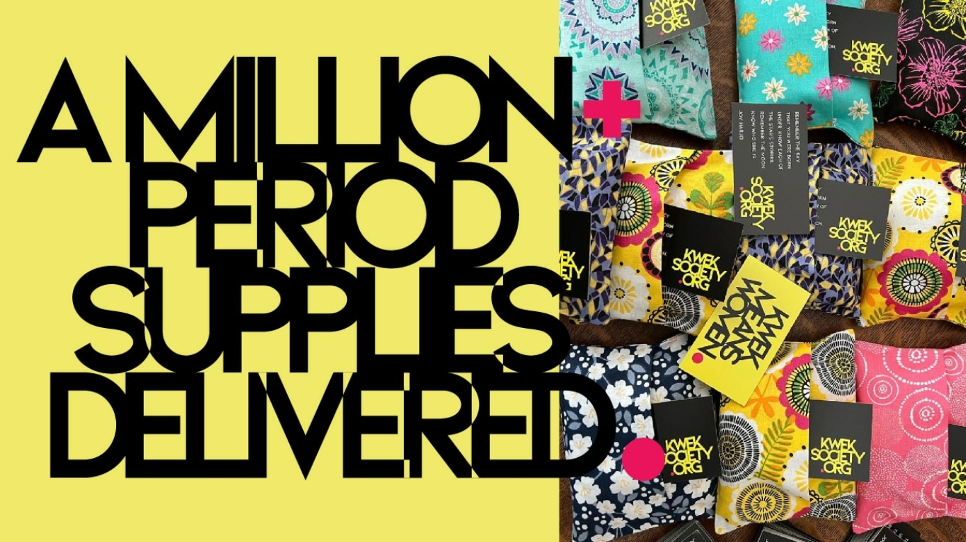 Graphic celebrating 1 Million period supplies delivered by The Kwek Society.