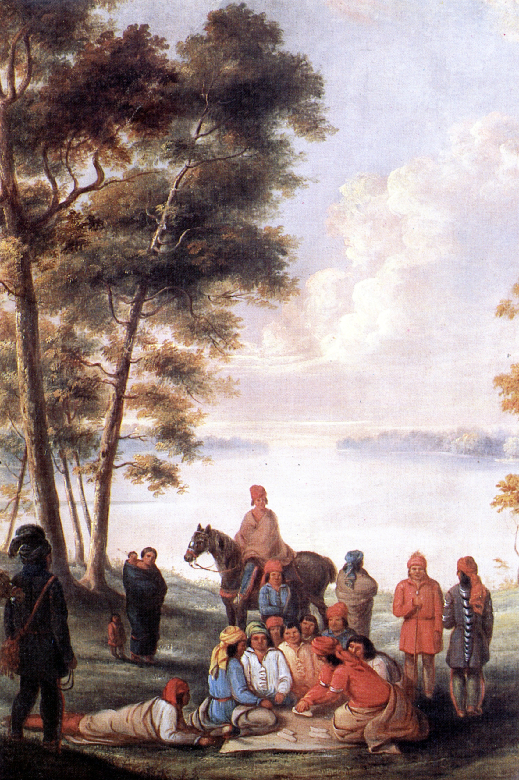 Illustration of several people sitting under a tree playing a moccasin game while others look on.