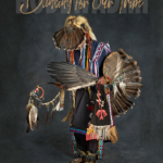 The cover of Hoogstraten's book, Dancing for Our Tribe: Potawatomi Tradition in the New Millennium. The background of the cover is grey, and a dancer in dark-colored regalia and face shaded by a feather fan is in the center of the cover.