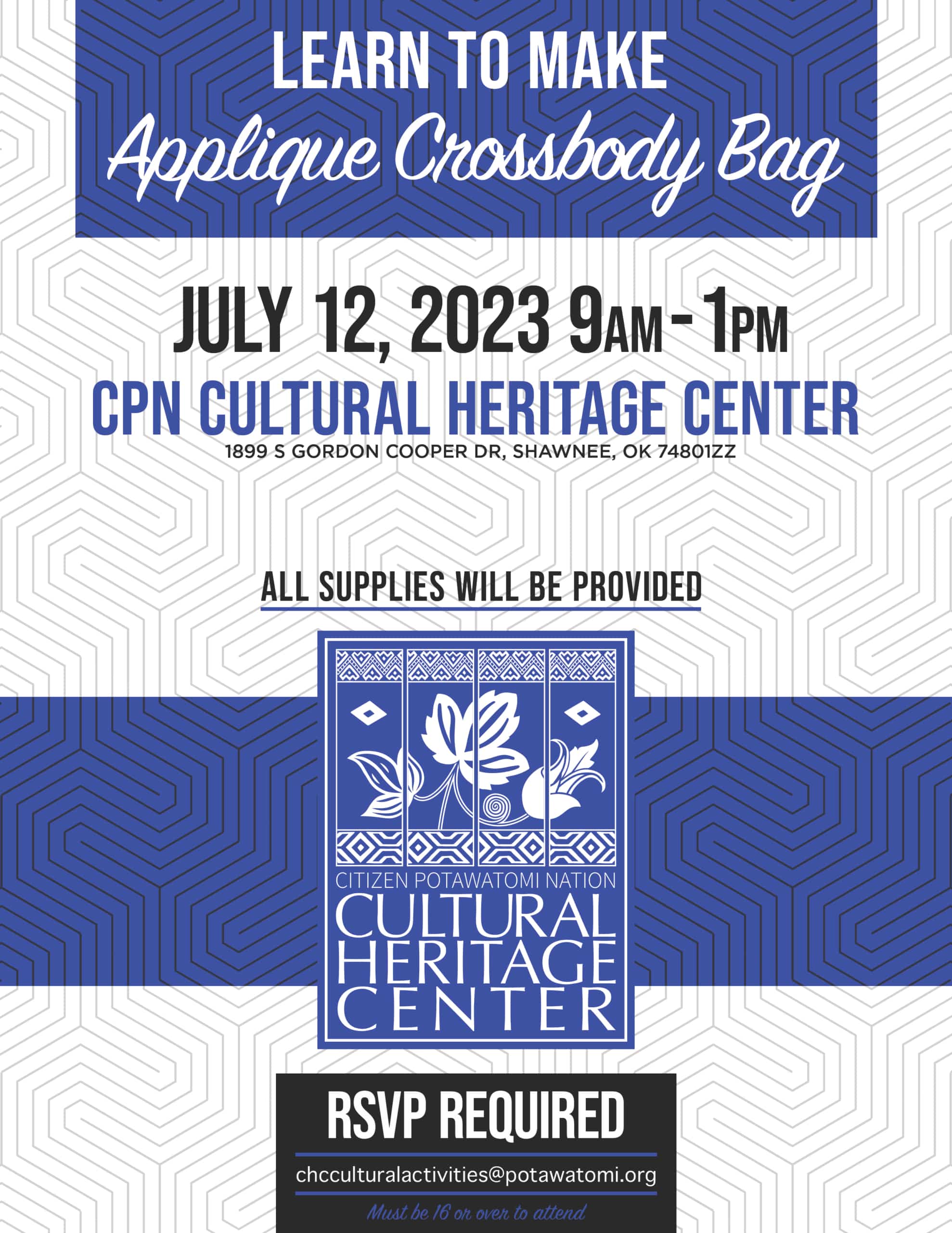 Blue and white boxes with black geometric designs frame the event description for the Applique Crossbody Bag class on July 12, 2023, at the Cultural Heritage Center.