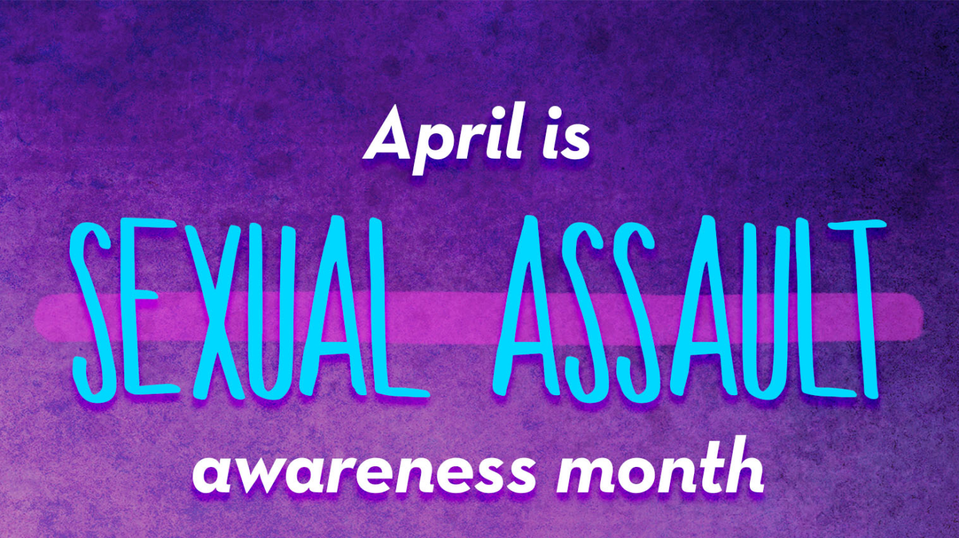 Purple graphic with blue text reading: April is Sexual Assault Awareness Month. House of Hope 24/7 crisis line: 405-878-4763. National Sexual Assault Hotline 24/7 crisis line 800-656-4763.