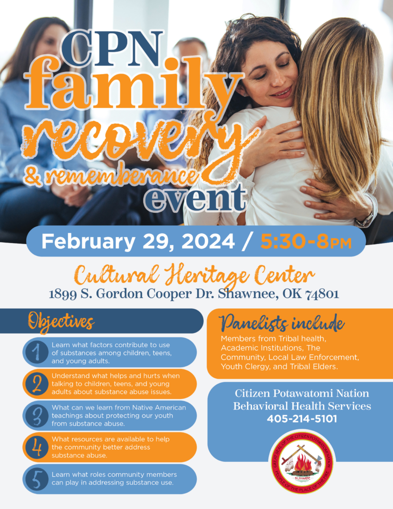blue, navy and orange flyer advertising the Family Recovery and Remembrance event on February 29, 2024.