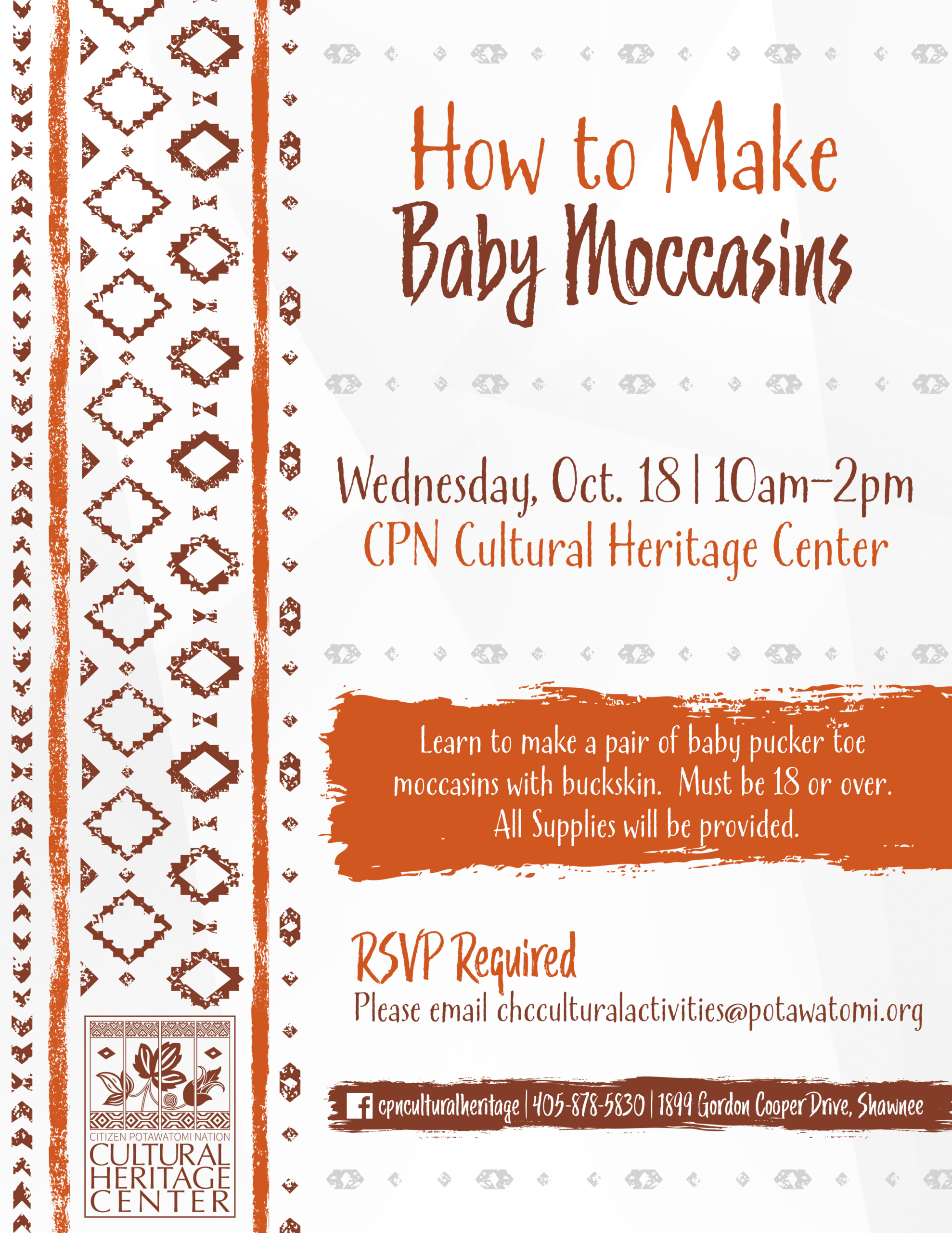 Brick red and pumpkin orange geometric patterns frame class details for the baby moccasin class at the CPN CHC on October 18, 2023.