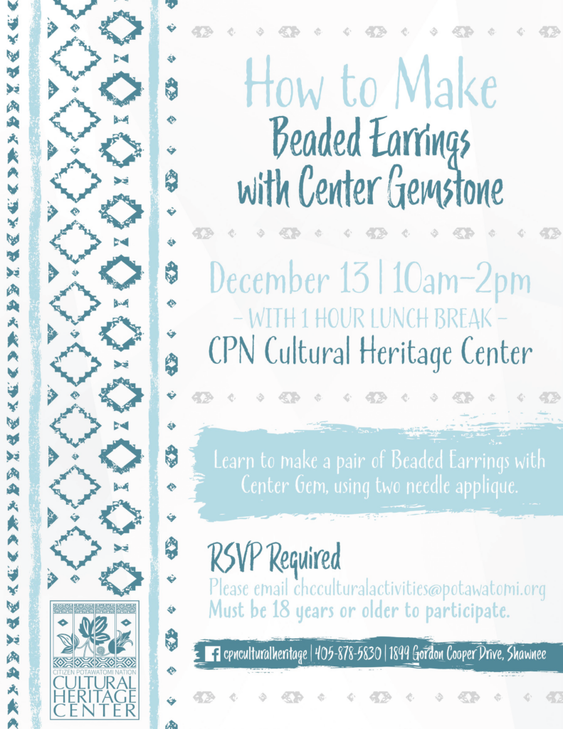 Ice blue geometric designs frame the text description of a December 13, 2022, Cultural Heritage Center class on how to make beaded earrings with center gemstone.