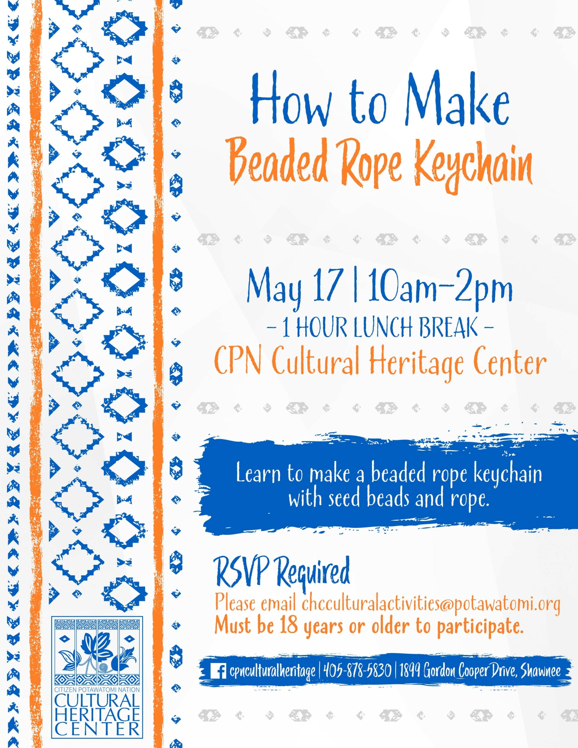 A blue and orange geometric pattern frames text inviting participants to the Beaded Rope Keychain class on May 17, 2022.