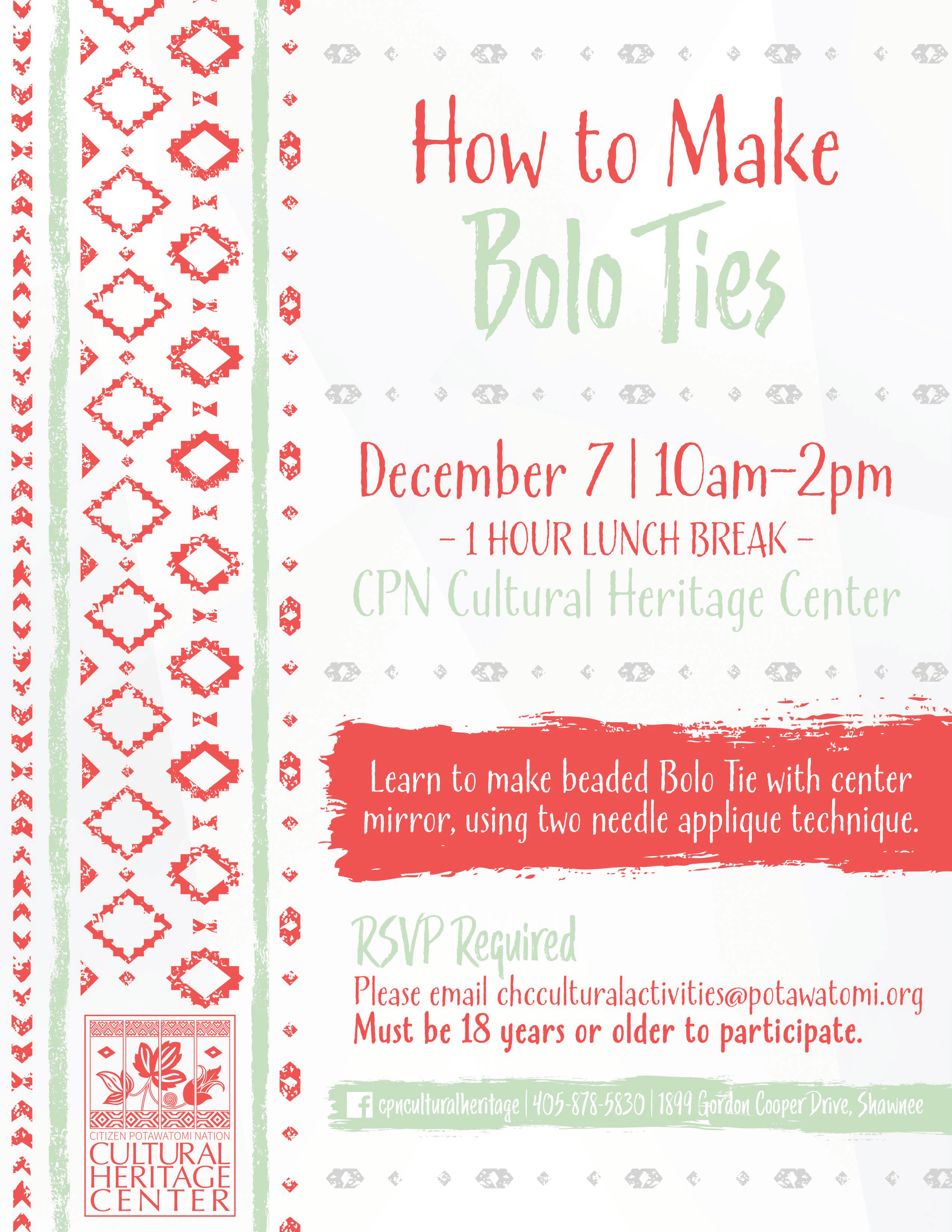 Sage green and bright red geometric designs frame text describing a class on how to make a bolo tie on December 7, 2022, at the Cultural Heritage Center.