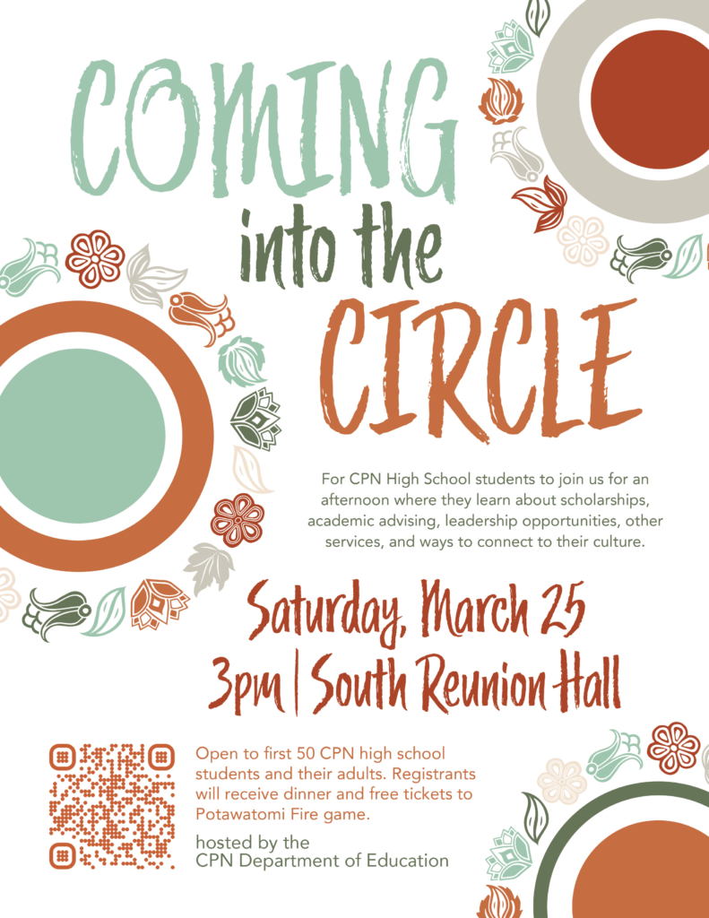 Green and rust colored circles and floral designs frame event details for "Coming into the Circle."