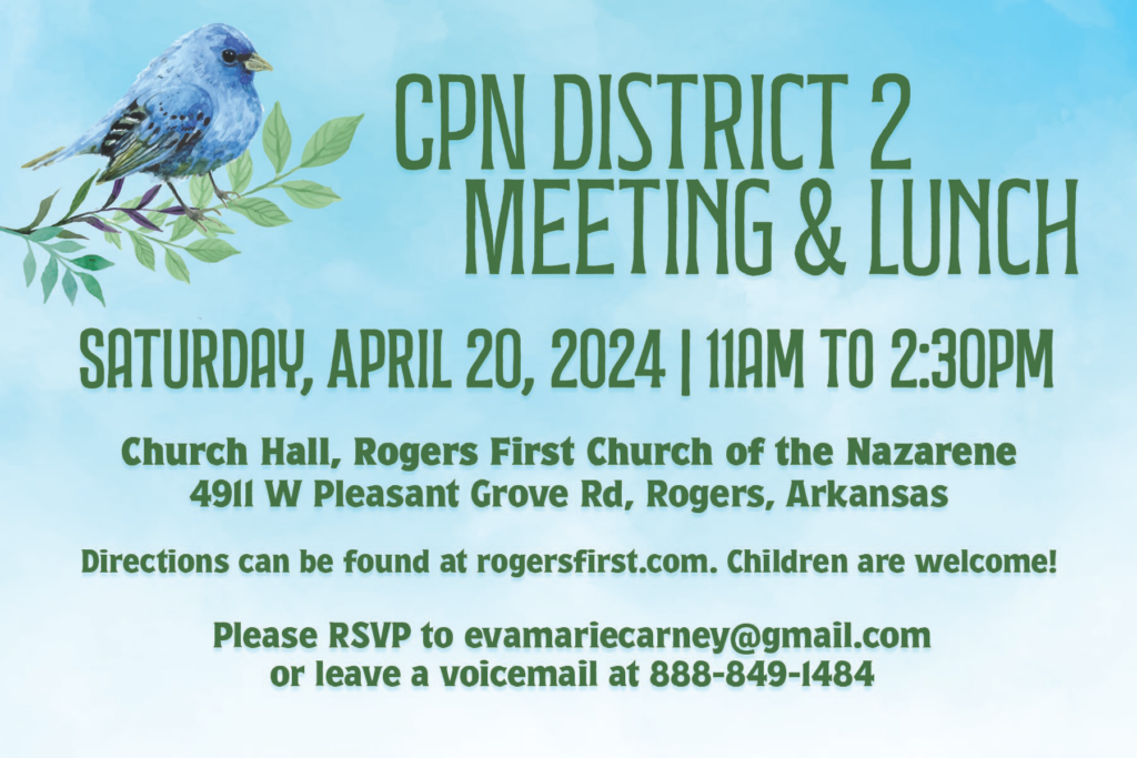Sky blue background with green text inviting CPN District 2 to a meeting and lunch on April 20, 2024.