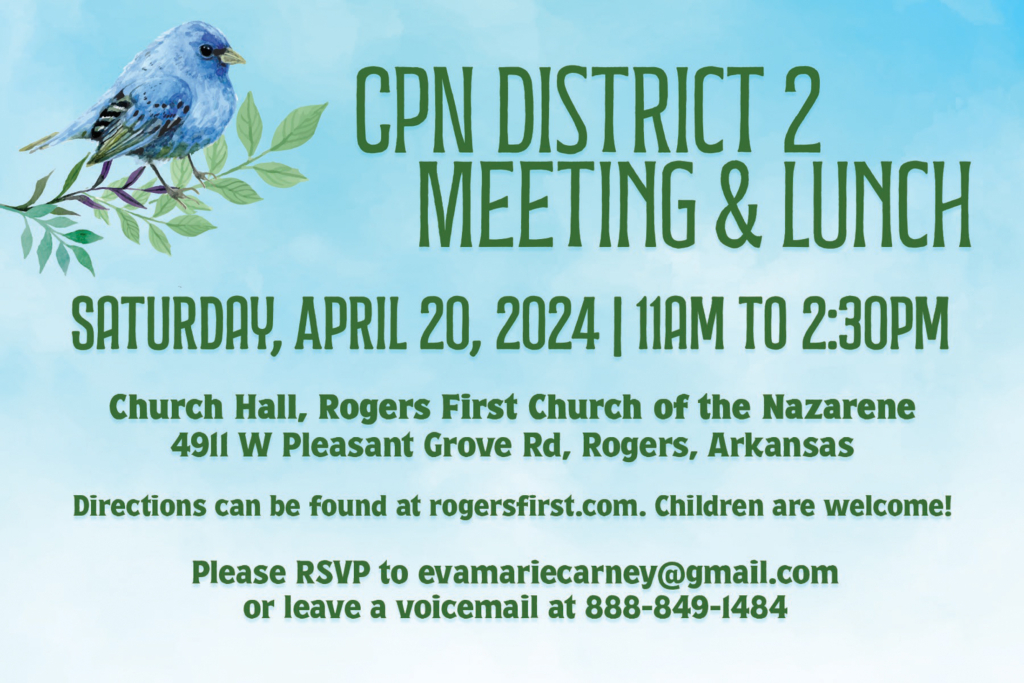 Bright blue postcard with green text inviting CPN members to a District 2 meeting on April 20, 2024.