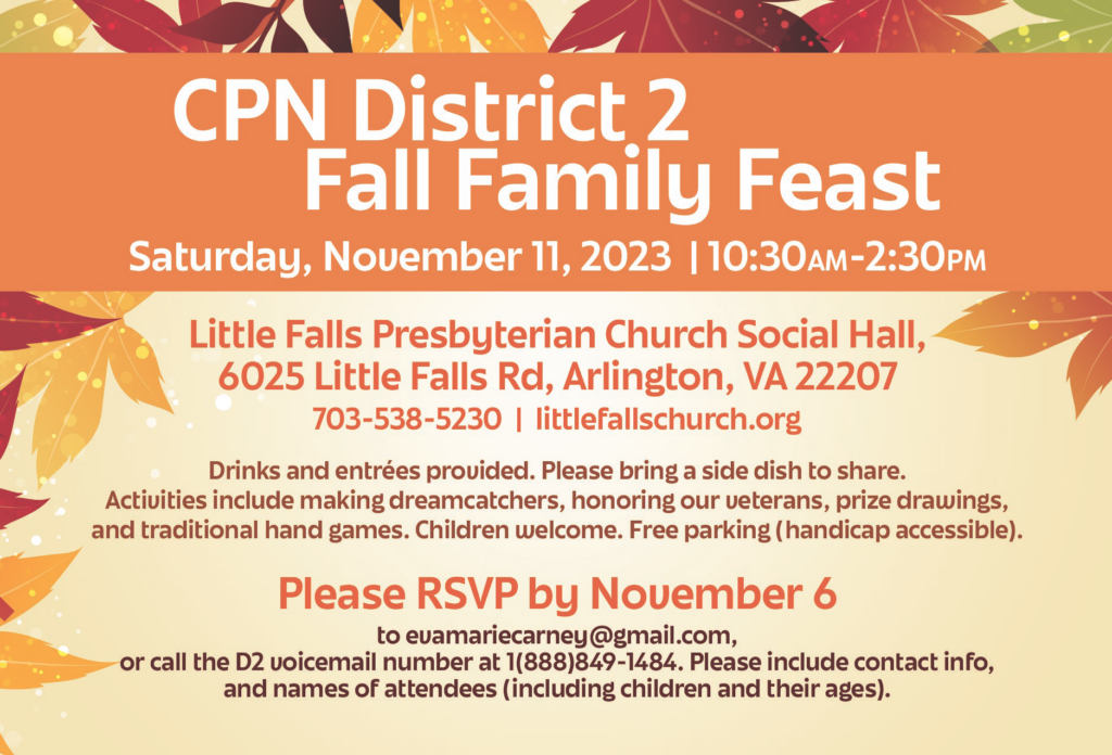 Orange, red and green leaves behind an orange banner with event details for the CPN District 2 Fall Family Feast on November 11, 2023.