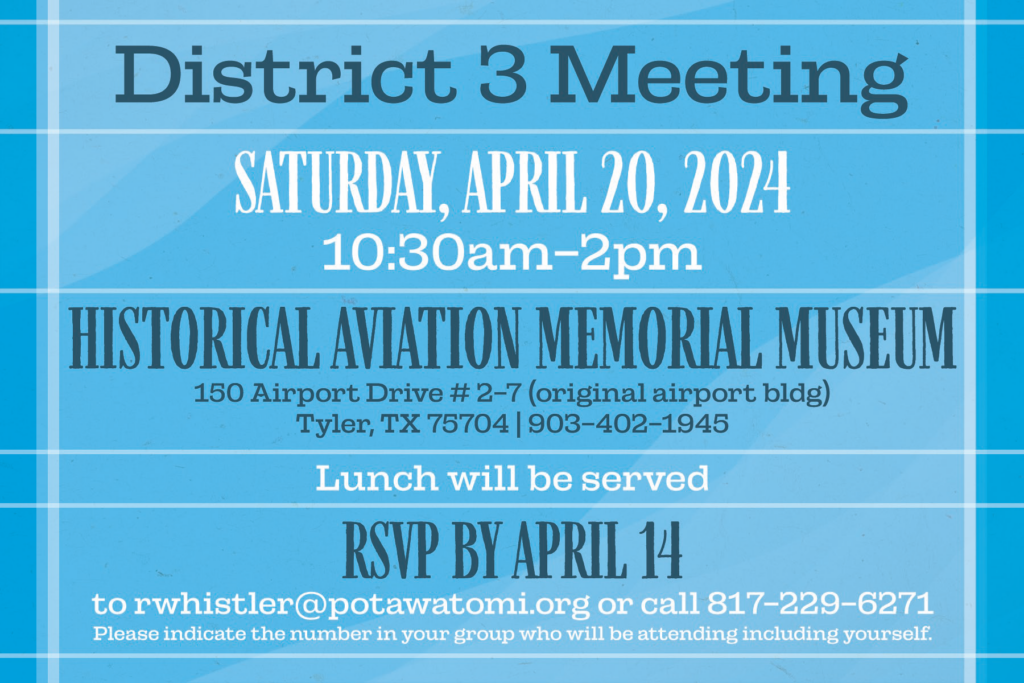 Light blue postcard with plaid stripes. White and navy text invites CPN Tribal members to a District 3 meeting on April 20, 2024.