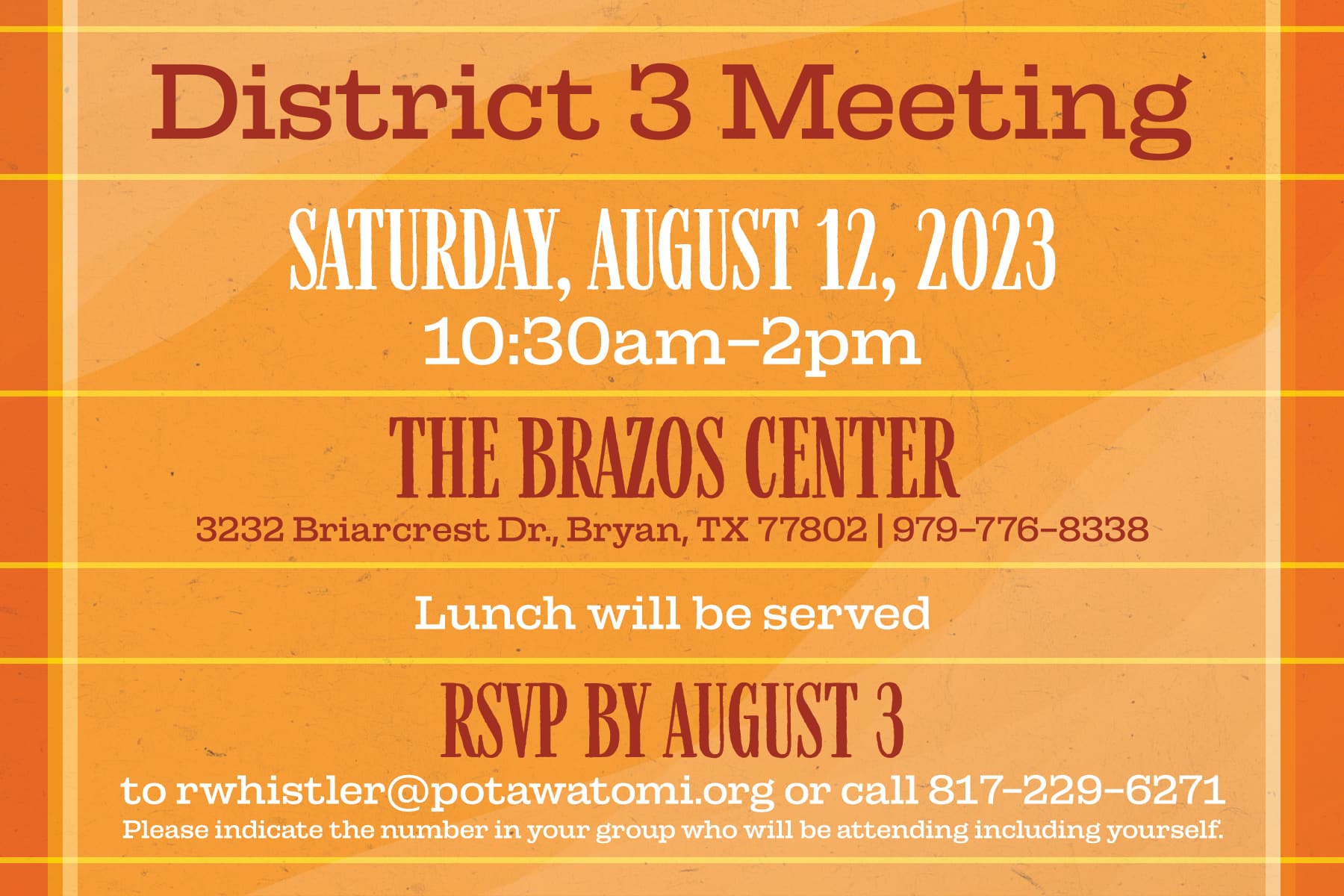 Orange background with white and dark orange text announcing the CPN District 3 meeting on August 12, 2023.