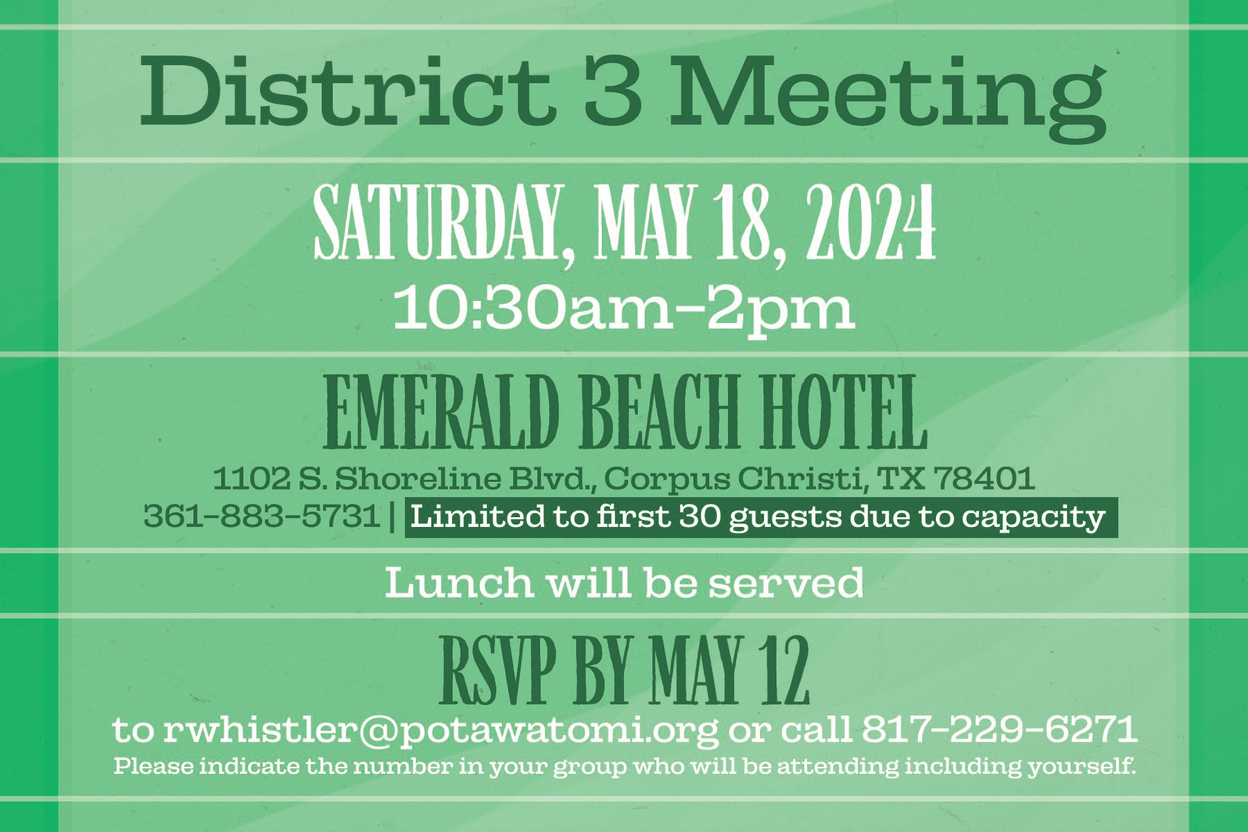 Green background with plaid stripes and white and green text inviting CPN members to a District 3 meeting on May 18, 2024.
