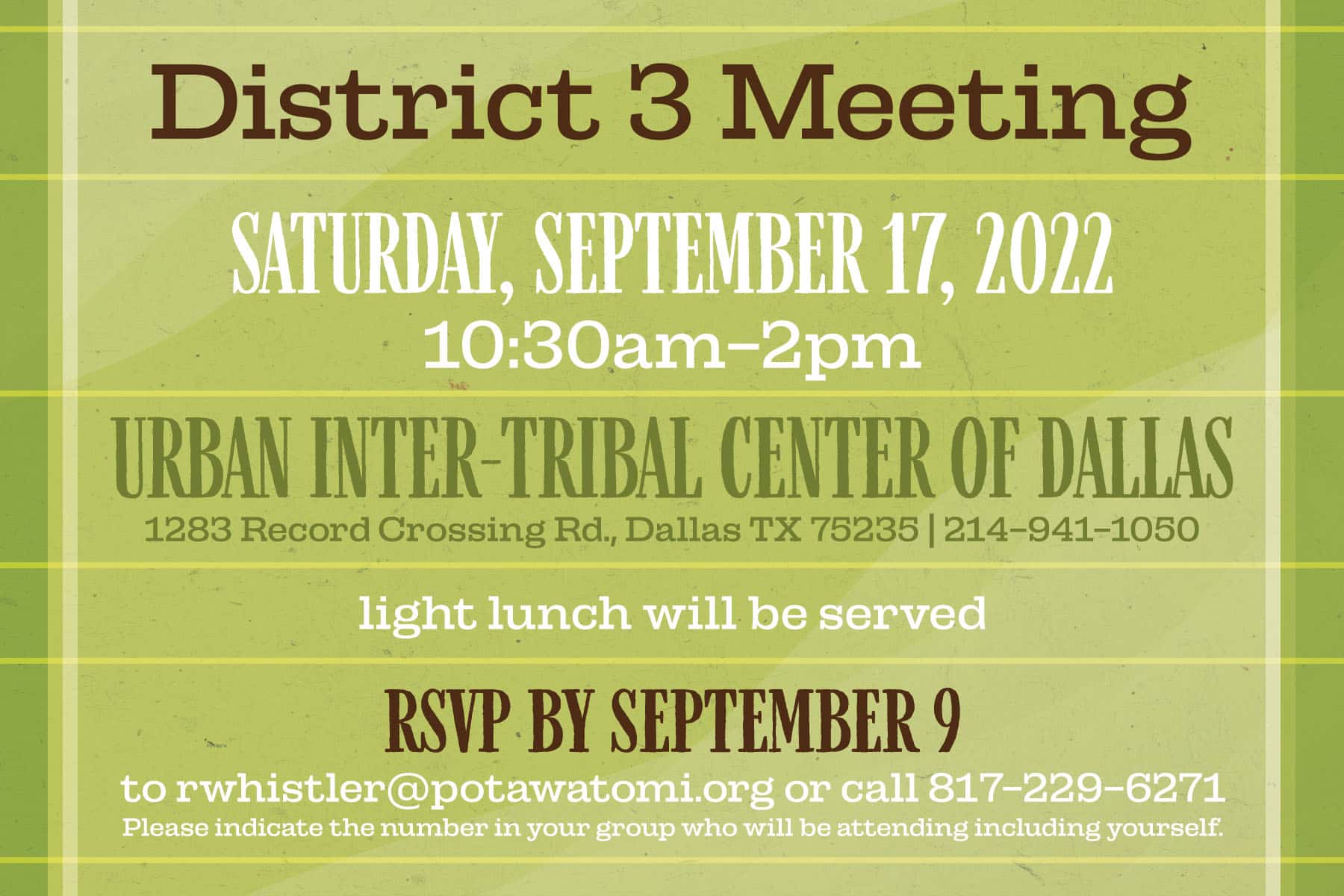 A green postcard inviting attendees to the Citizen Potawatomi Nation District 3 Meeting on September 17.