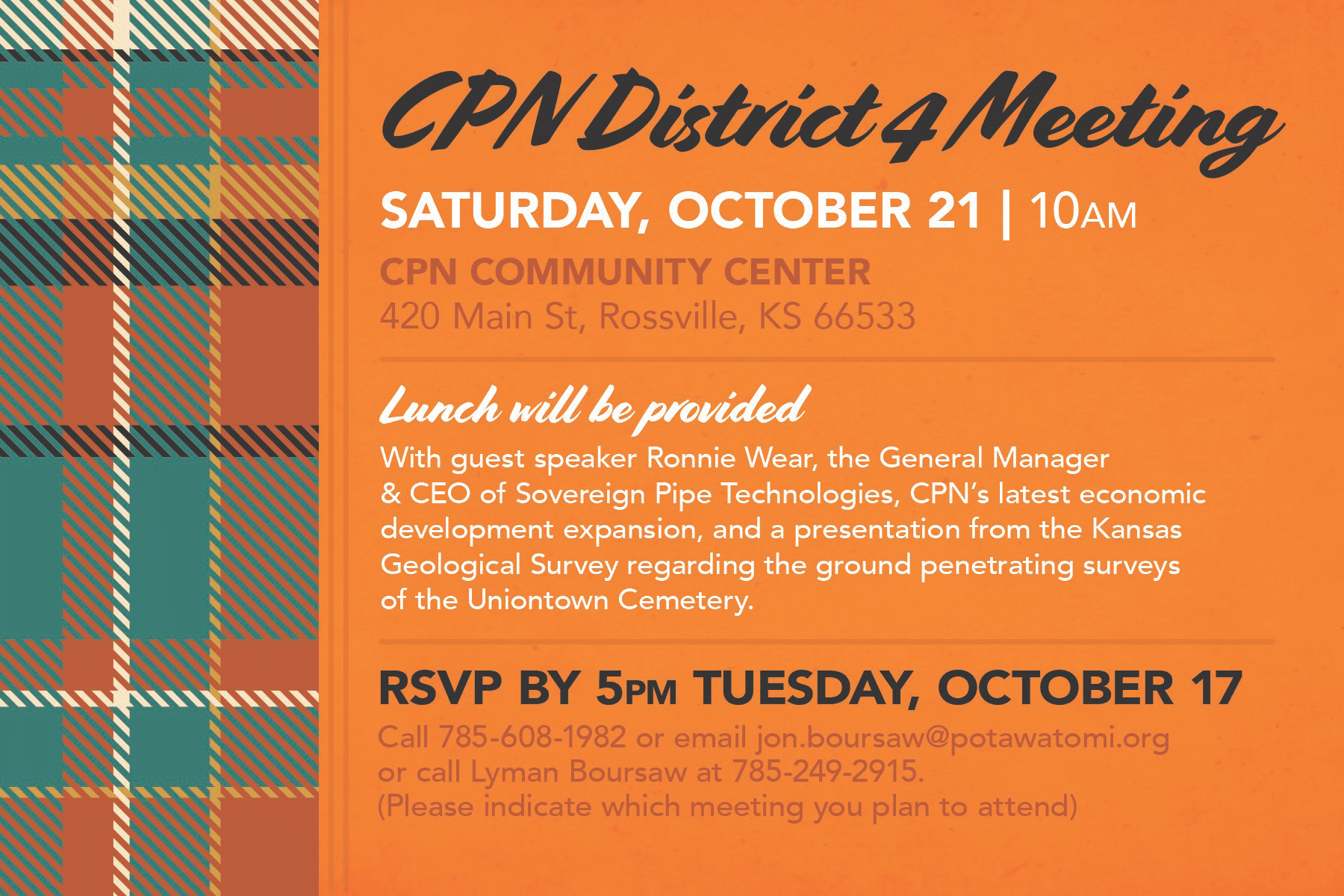 A banner of orange, teal and white plaid next to an orange card with event details for the CPN District 4 meeting on October 21, 2023.