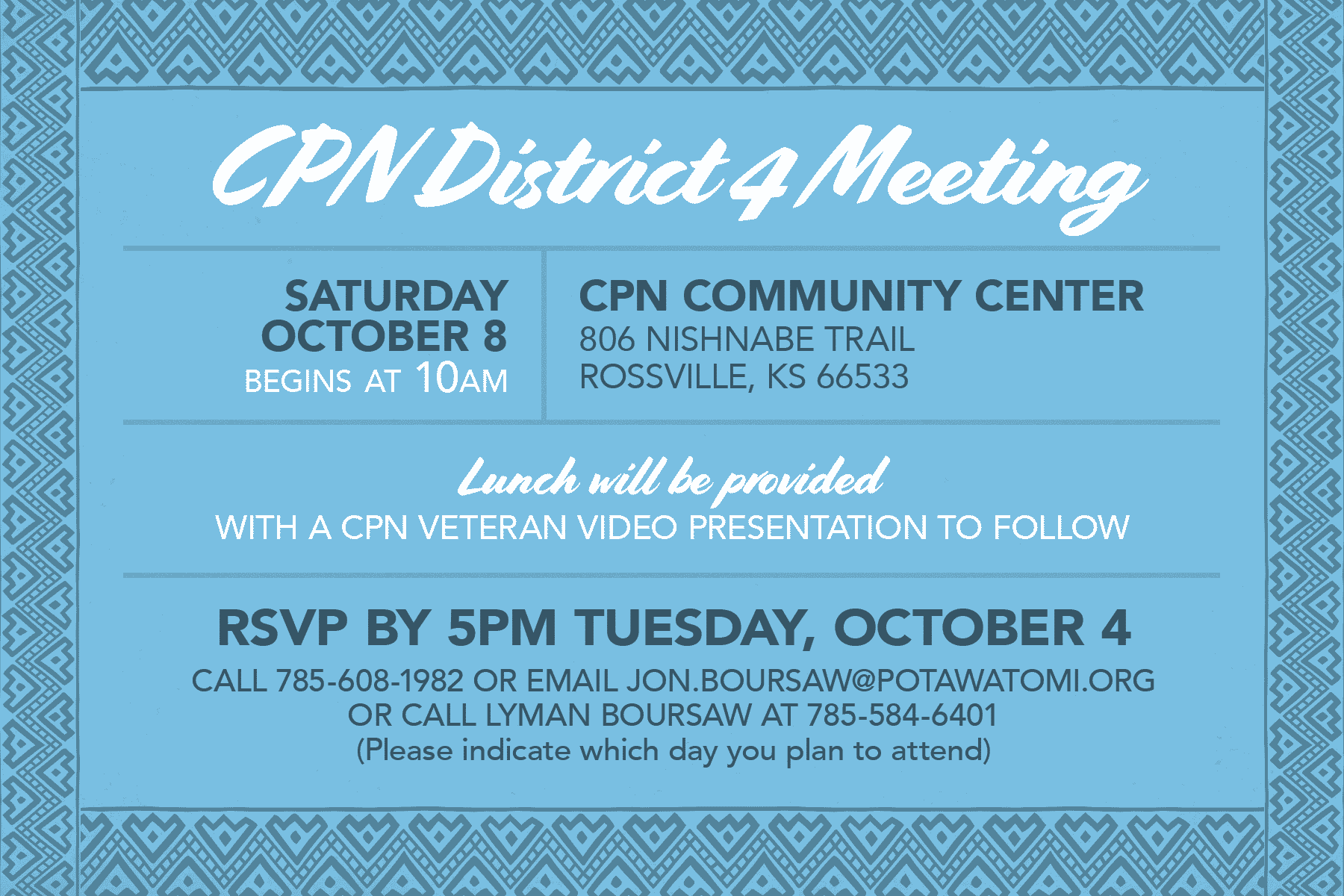 Blue postcard with geometric patterning around the edges inviting CPN members to a District 4 meeting on October 8.