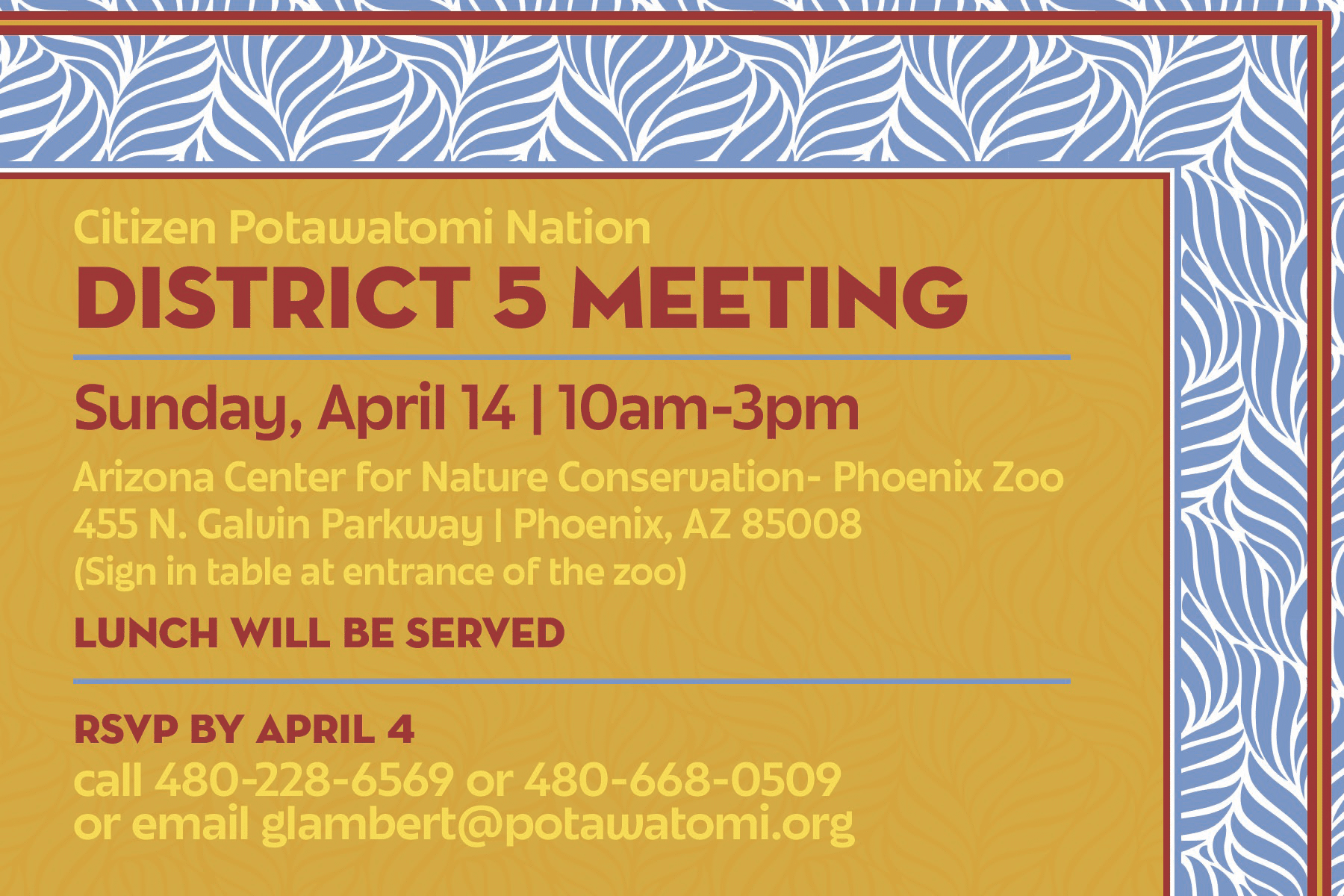 Yellow background with blue feathered frame. Red text invites members to a CPN District 5 meeting on April 14, 2024.