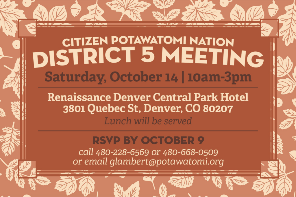 A leaf pattern surrounds a brown background with event details for the CPN District 5 meeting on October 14, 2023.
