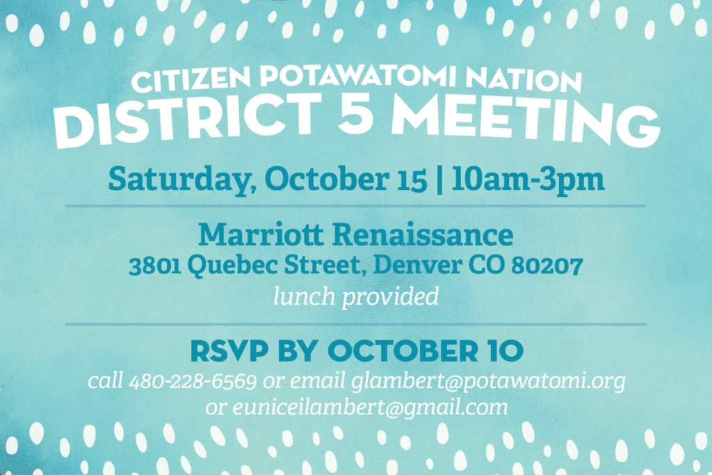 Teal postcard with white and dark teal text inviting Tribal members to a District 5 meeting and lunch on October 15.