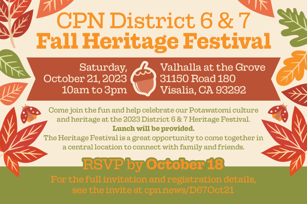 Autumn colors and leaf designs frame event details for the 2023 District 6&7 Fall Heritage Festival.