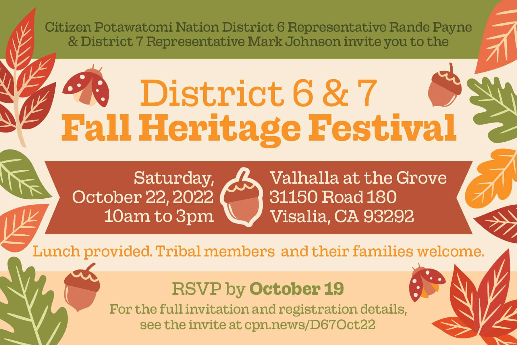A green, brown and orange striped post card with fall leaves framing it inviting CPN Tribal members to a District 6 & 7 Fall Heritage Festival on October 22.