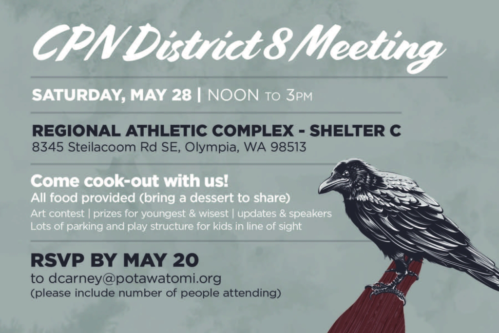 A grey postcard with white and black text inviting CPN District 8 members to a cook-out at Regional Athletic Complex, Shelter C, in Olympia, Washington. A sketch of a raven sits in the bottom right hand corner.