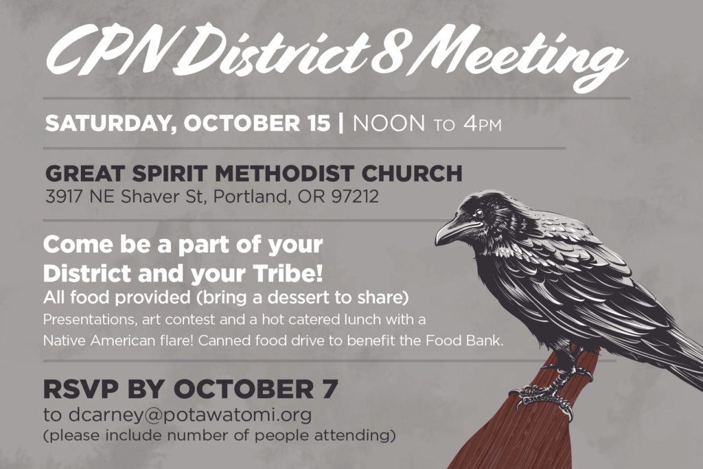 Grey postcard with a blackbird on it inviting CPN members to a District 8 meeting on October 15, 2022.