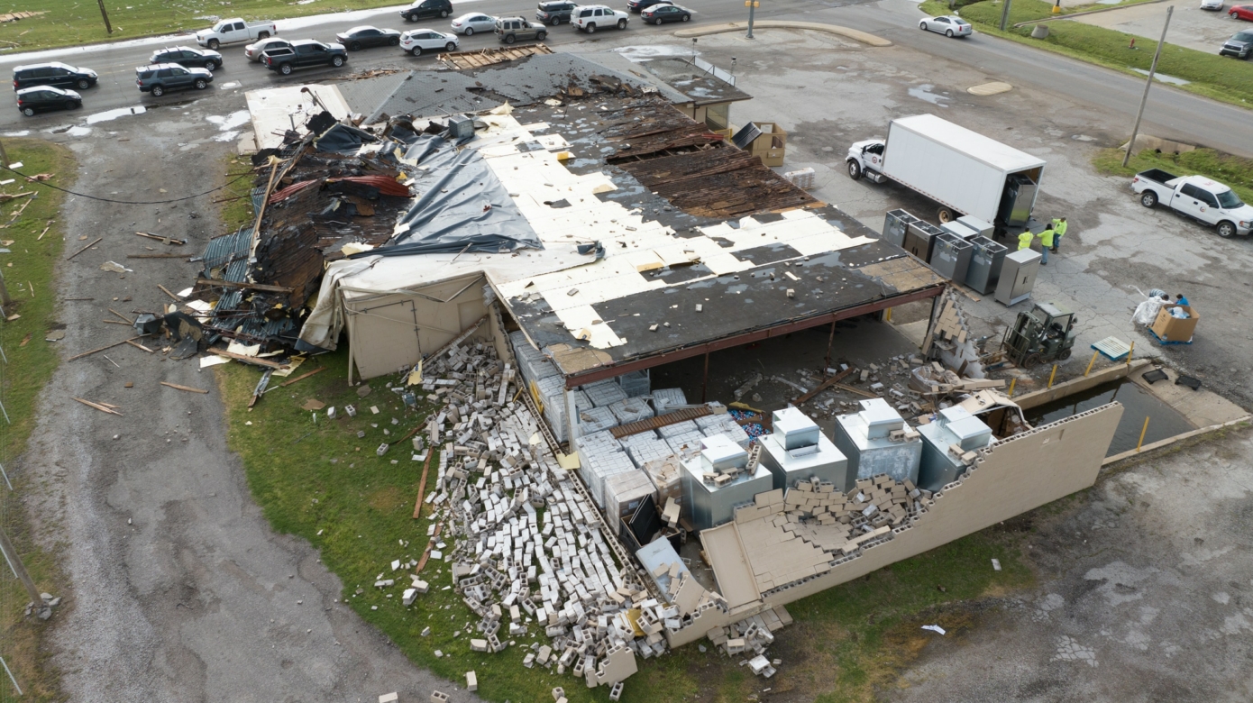 Aerial shot of former Hardesty Grocery store, which suffered damage in the April tornado.