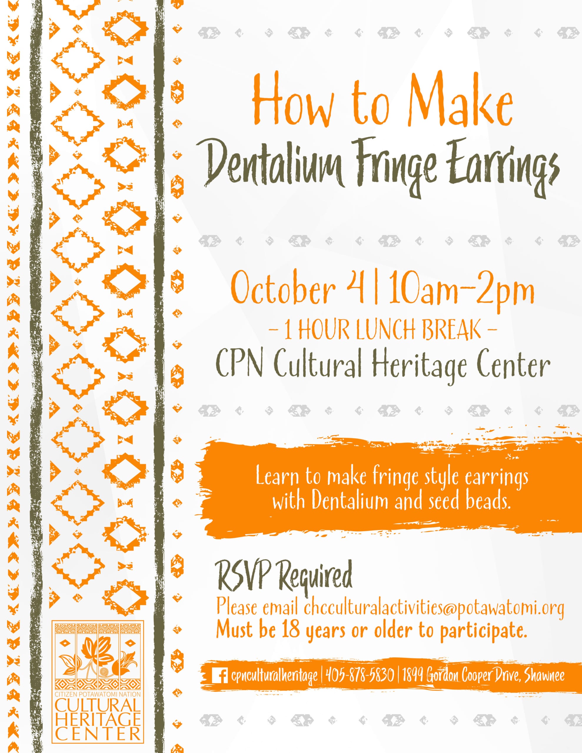 green and orange geometric designs frame event details for the October 4 cultural activities class on how to make dentalium fringe earrings.