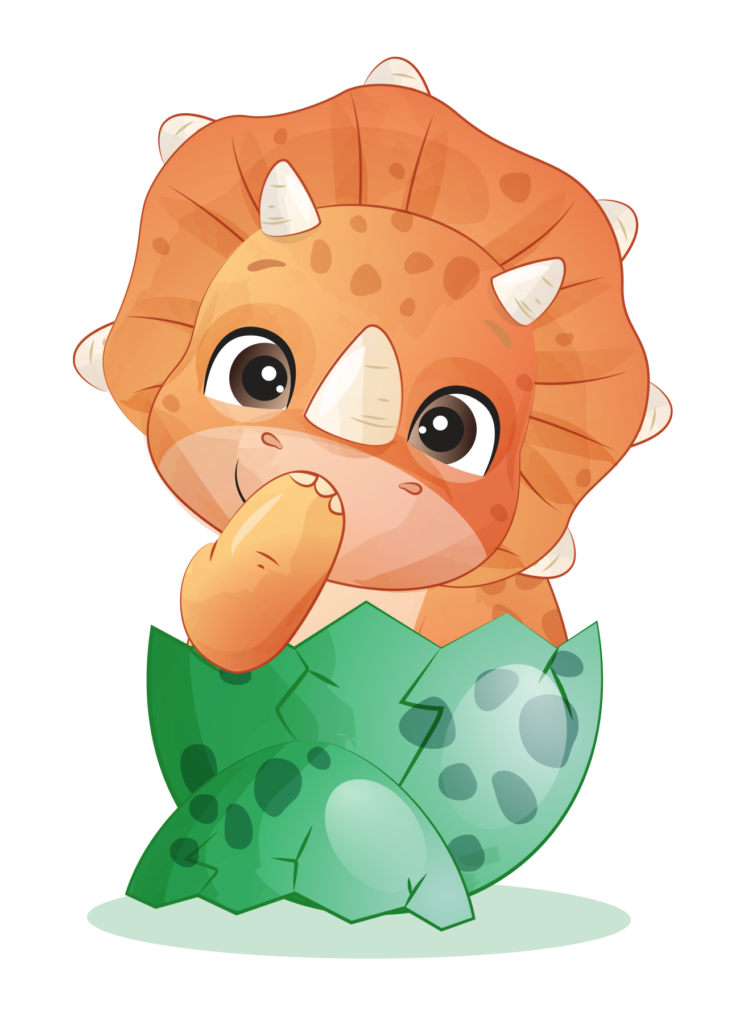 A cartoon orange triceratops dinosaur hatching from a green spotted egg.