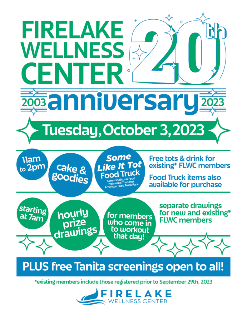 Green and blue text with sparkle accents announce the FireLake Wellness Center 20th Anniversary celebration on October 3, 2023.
