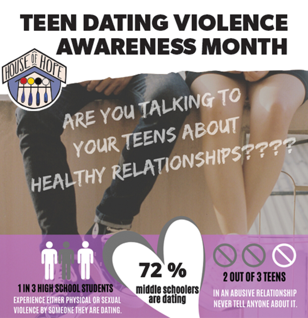 Teen Dating Violence Awareness Month infographic displaying statistics of teen dating violence. 1 in 3 high school students experience either physical or sexual violence by someone they are dating. 72% of middle schoolers are dating. 2 out of 3 teens in an abusive relationship never tell anyone about it.