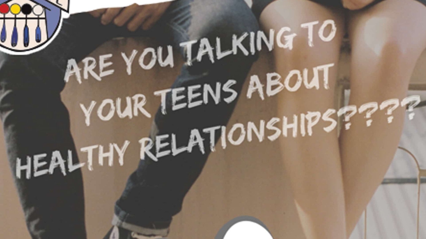 A flyer showing two teenagers sitting next to each other calls awareness to Teen Dating Violence Awareness Month. Text reads: "Are you talking to your teens about healthy relationships???" A purple banner at the bottom of the flyer states that 1 in 3 high school students experience either physical or sexual violence by someone they are dating, 72% of middle schoolers are dating, and that 2 out of 3 teens in an abusive relationship never tell anyone about it.