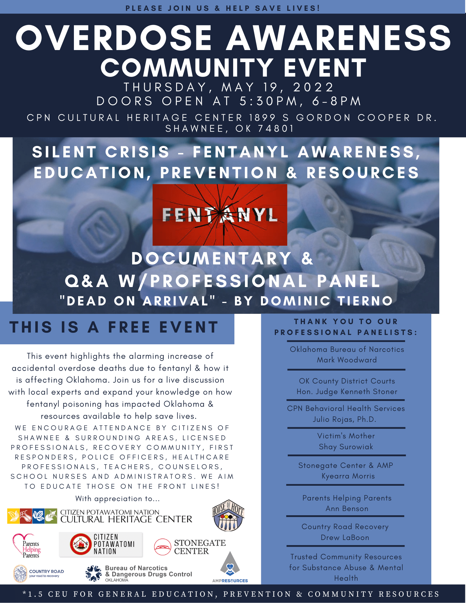 Flyer in shades of blue advertising the upcoming community awareness event about accidental fentanyl overdose deaths in Oklahoma and resources available to those on the front lines.