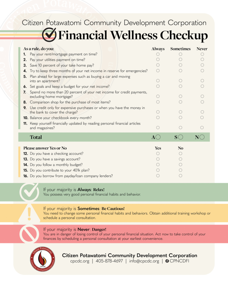 Financial wellness quiz from the Citizen Potawatomi Community Development Corporation