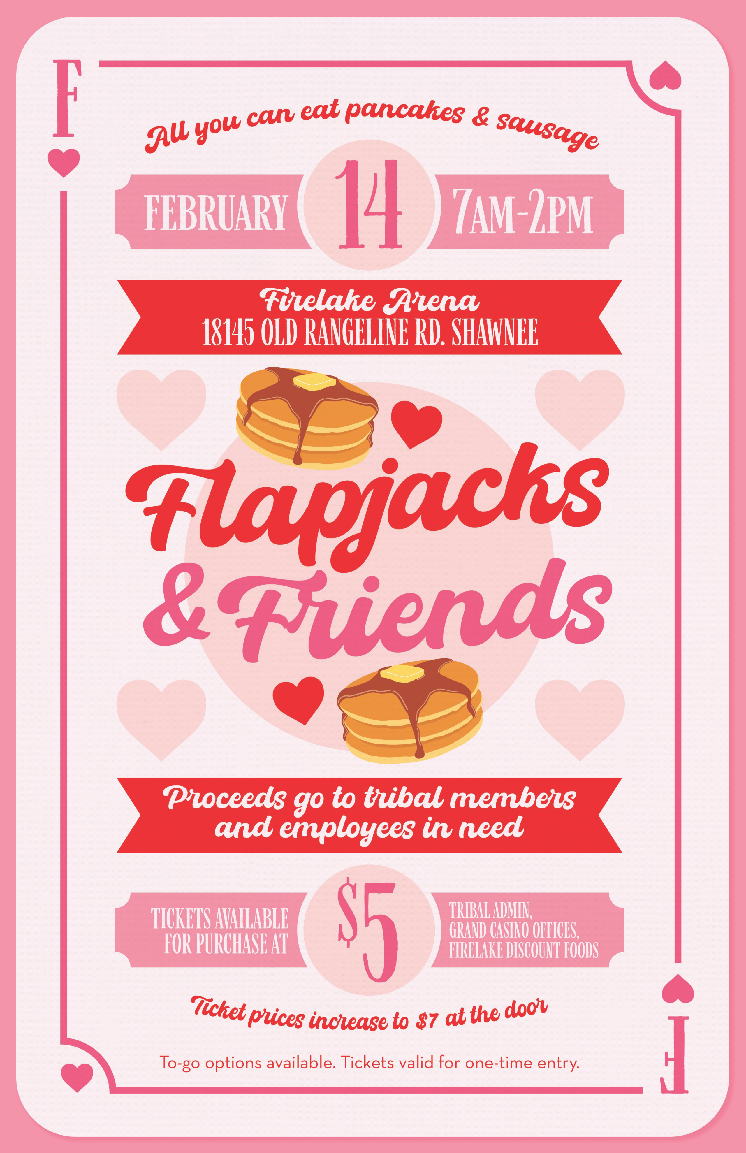 Event flyer styled as a pink playing card in the hearts suit.