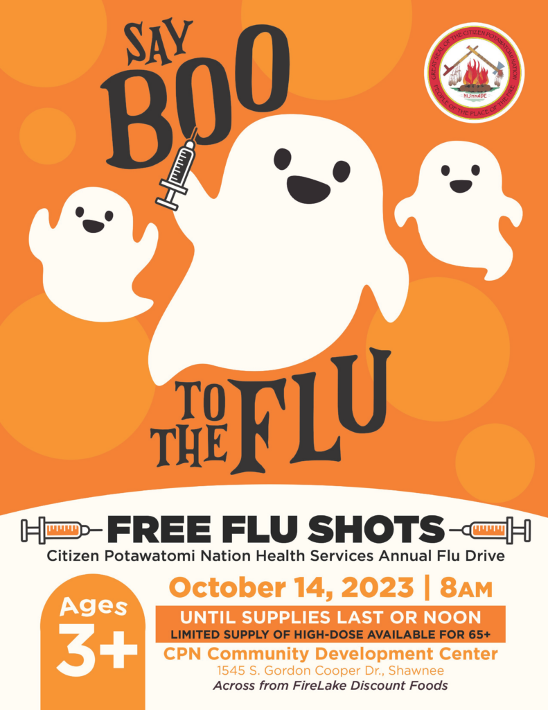 Cartoon ghosts and the text "Say Boo to the flu" frame event details for the CPN 2023 Flu Drive.