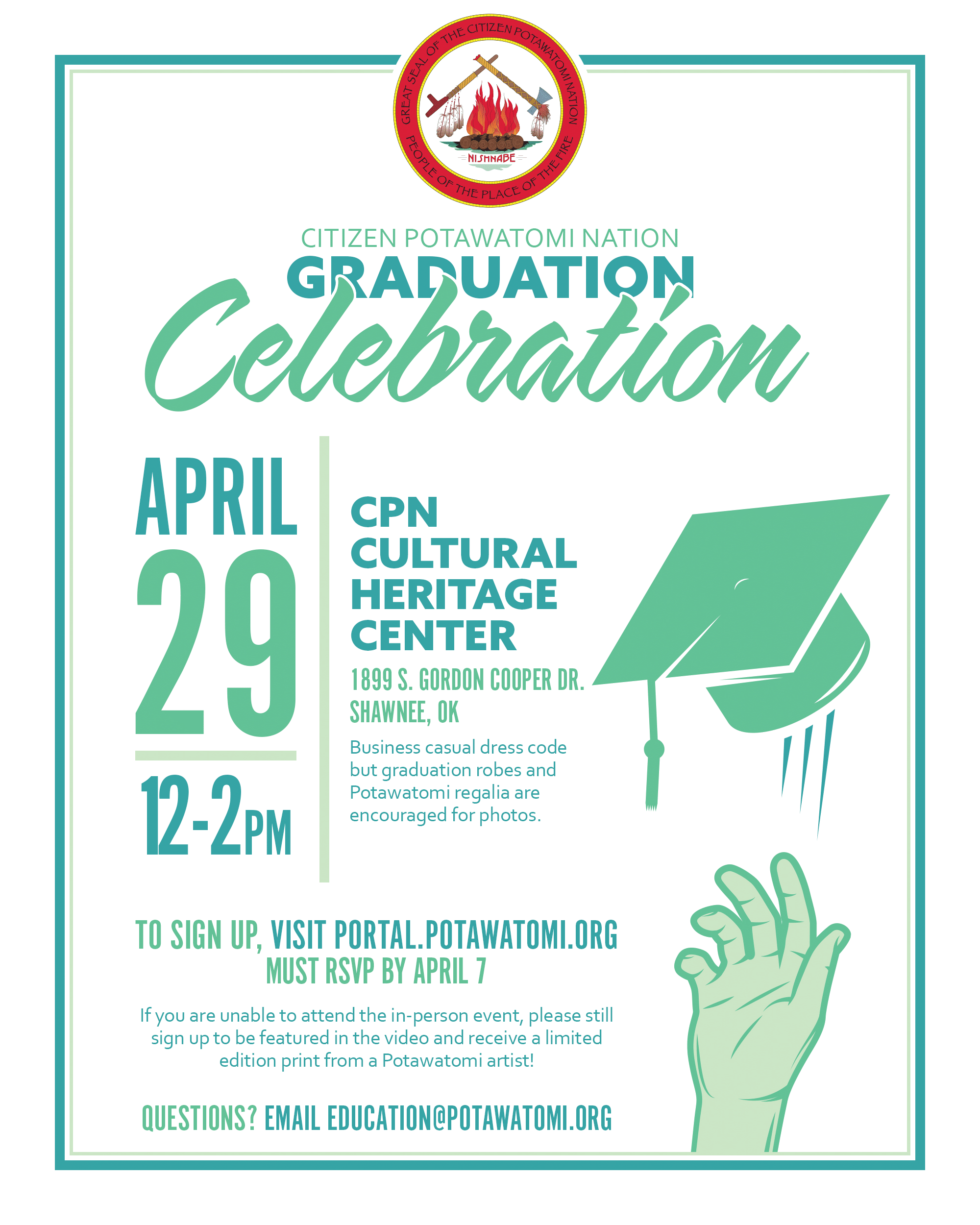 Green text and graphic of a hand throwing a graduation cap in the air for the CPN Department of Education Graduation Celebration on April 29.