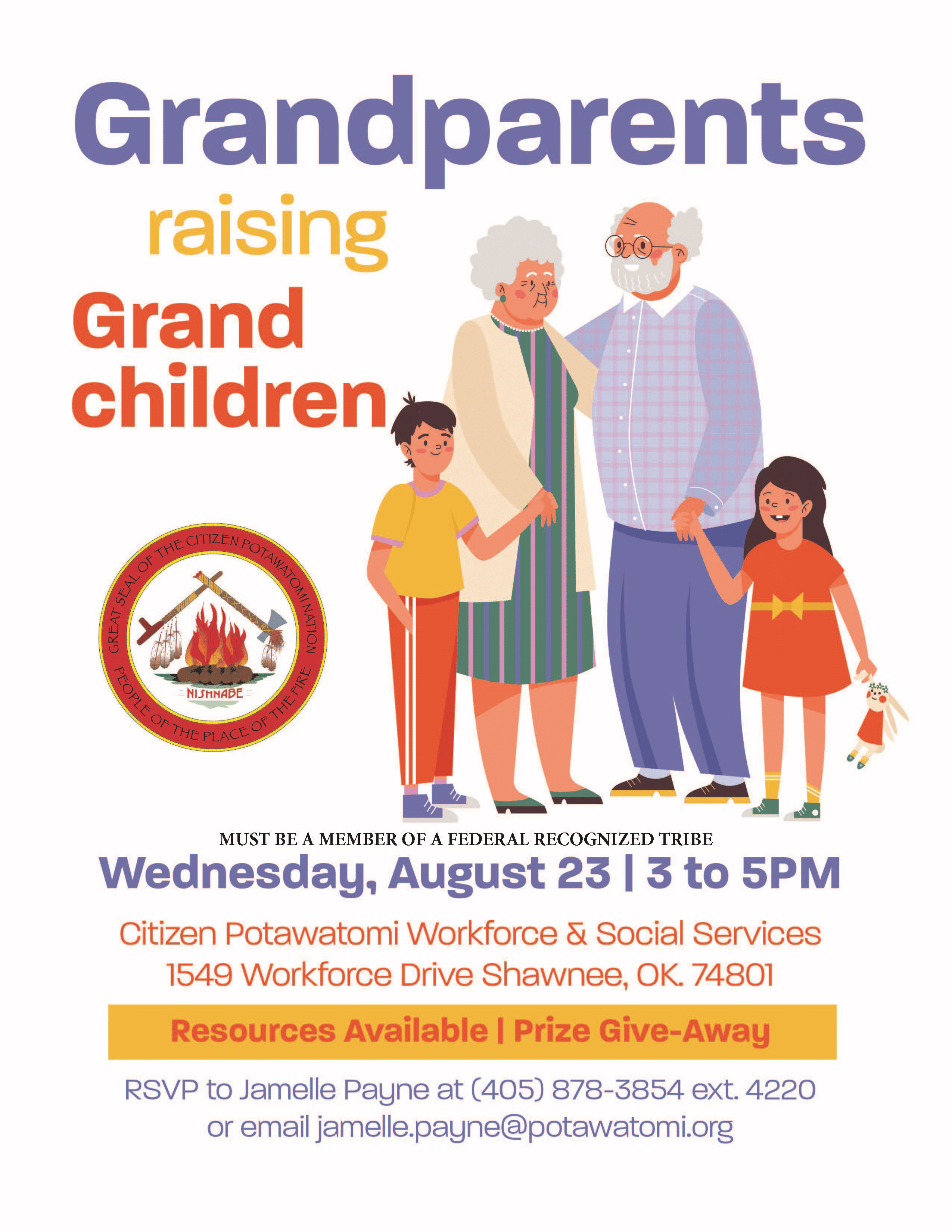 Flyer with red, yellow and purple text advertising a resource event for grandparents raising grandchildren. A cartoon image of a family of four, with two elderly adults and two small children, as well as the CPN seal are on the flyer.