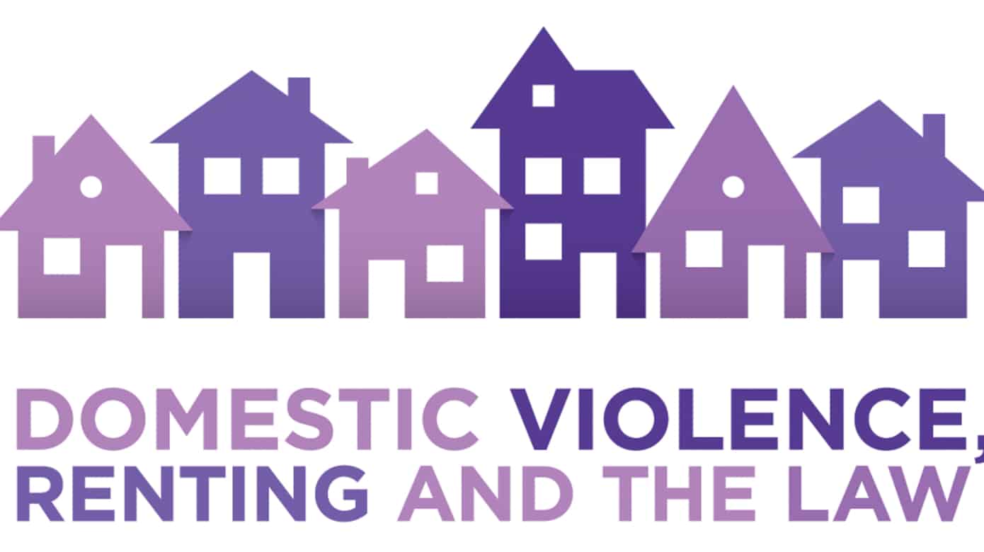 Purple house shapes and text that reads "Domestic violence, renting and the law."