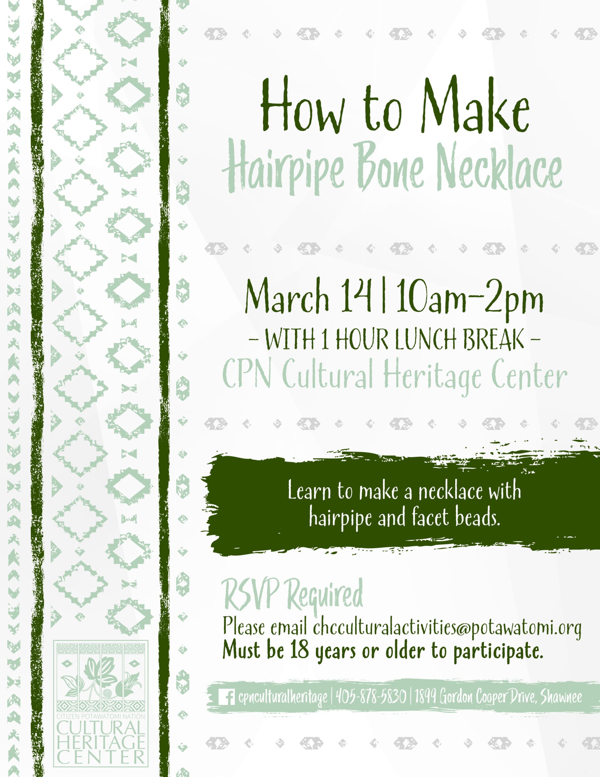 Green geometric designs frame information about the hairpipe bone necklace at the CHC March 14, 2023.