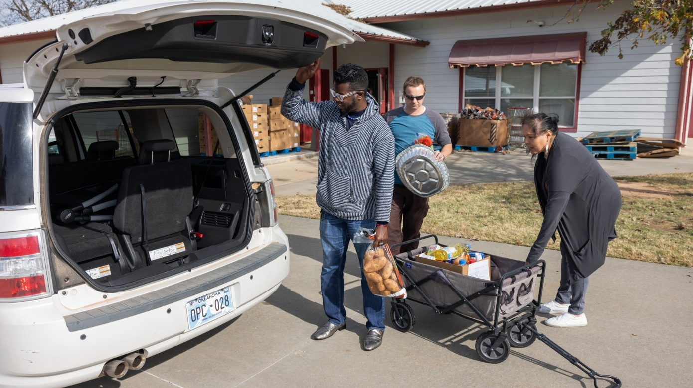 CPN employees unload a bag of potatoes and aluminum baking dish from a wagon full of groceries and into a car.