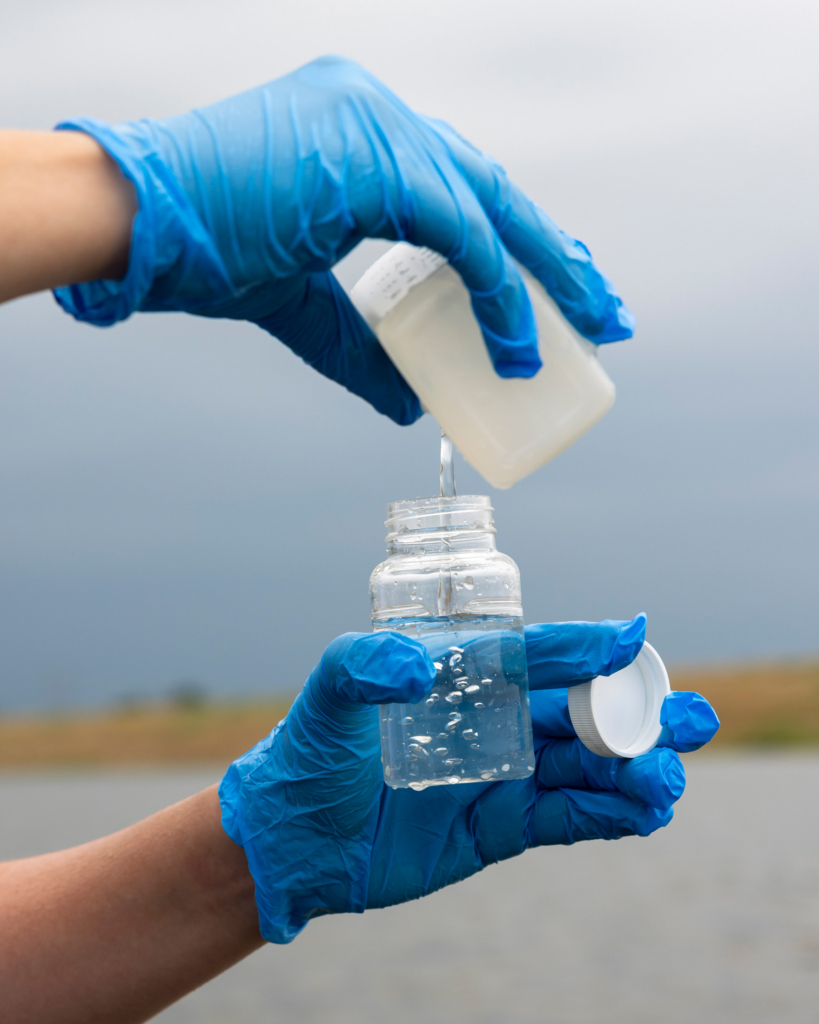 Two hands in blue gloves pour water into sample bottles.