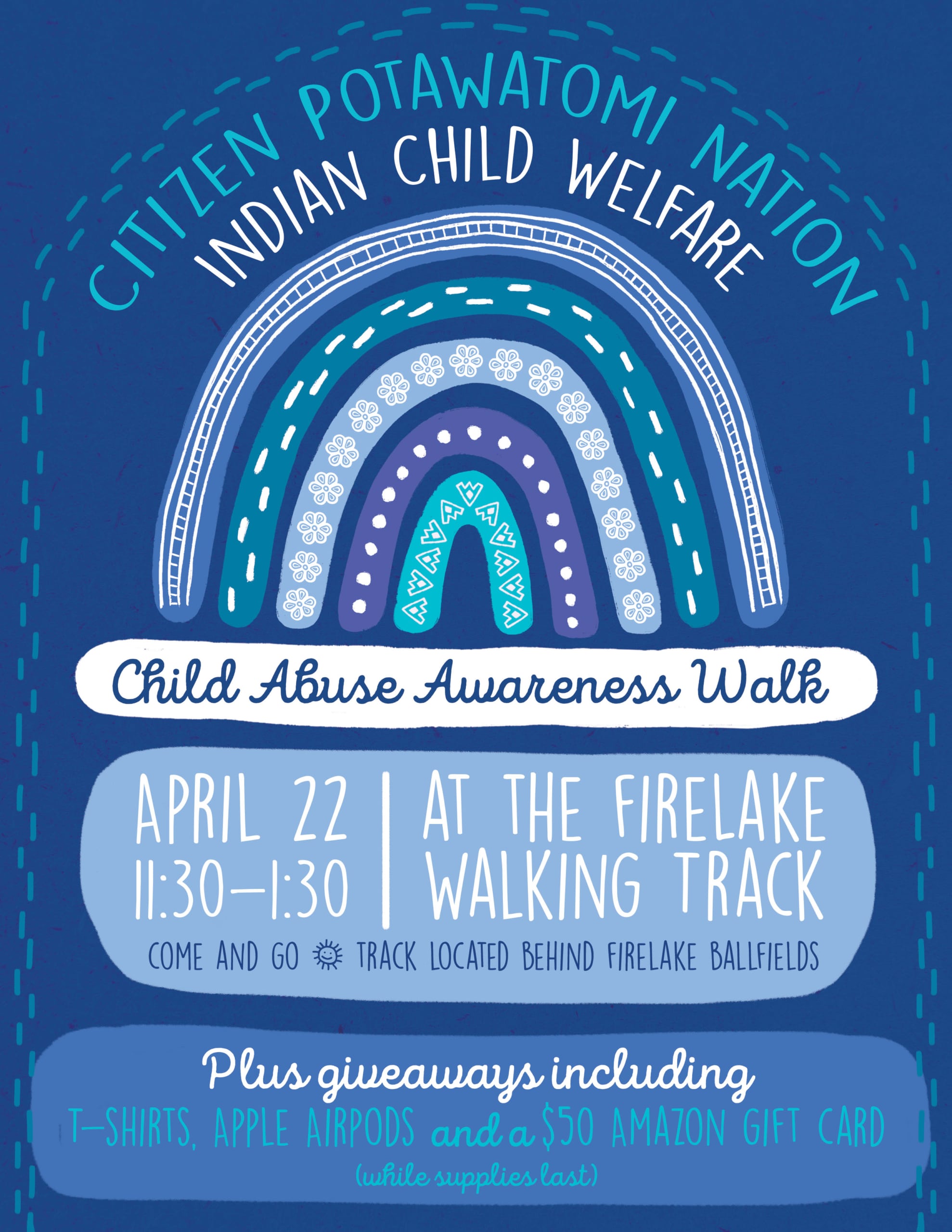 A blue flyer with a rainbow sketch design in shades of blue invites participants to the CPN ICW Child Abuse Awareness Walk on April 22, 2022.