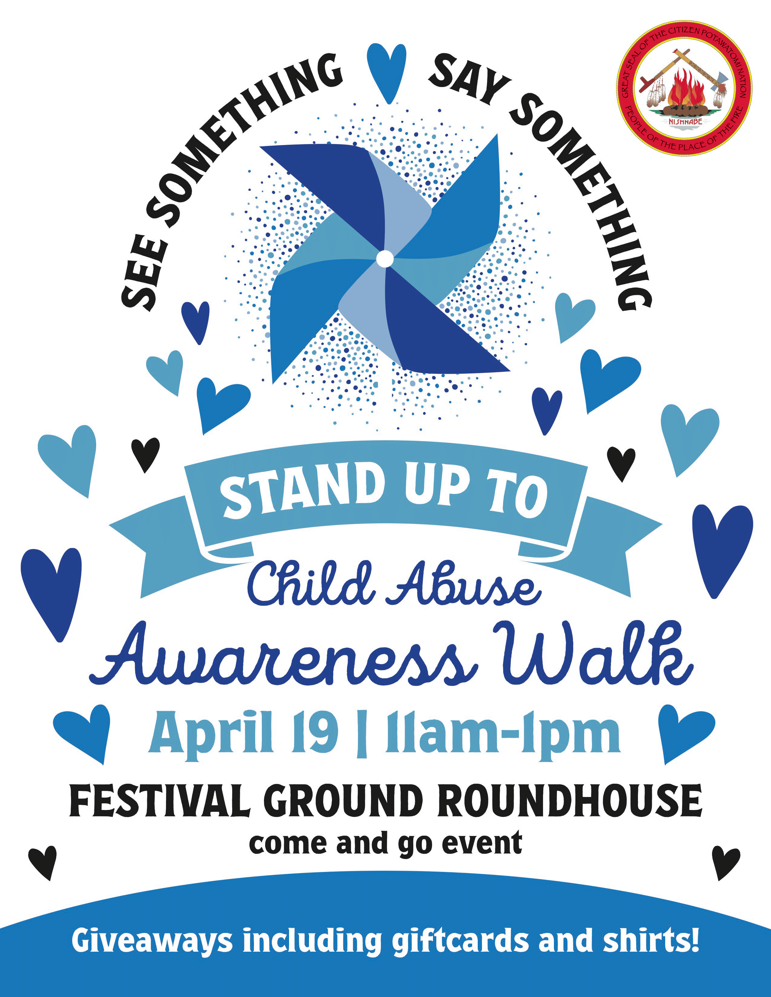 Hearts in shades of blue radiate away from a pinwheel also in blue. The flyer advertises a Child Abuse Awareness walk on April 19, 2024.