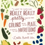 An illustrated quote from chef Loretta Barrett Oden. The quote reads: "I want the plates to be really, really pretty and th emore colors you put on the plate, in actuality, the more nutritious they are." Illustrated berries, squash, corn, honey, carrots, beans and garlic outline the quote.
