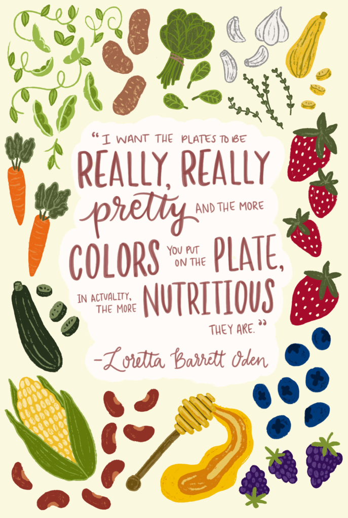 An illustrated quote from chef Loretta Barrett Oden. The quote reads: "I want the plates to be really, really pretty and th emore colors you put on the plate, in actuality, the more nutritious they are." Illustrated berries, squash, corn, honey, carrots, beans and garlic outline the quote.
